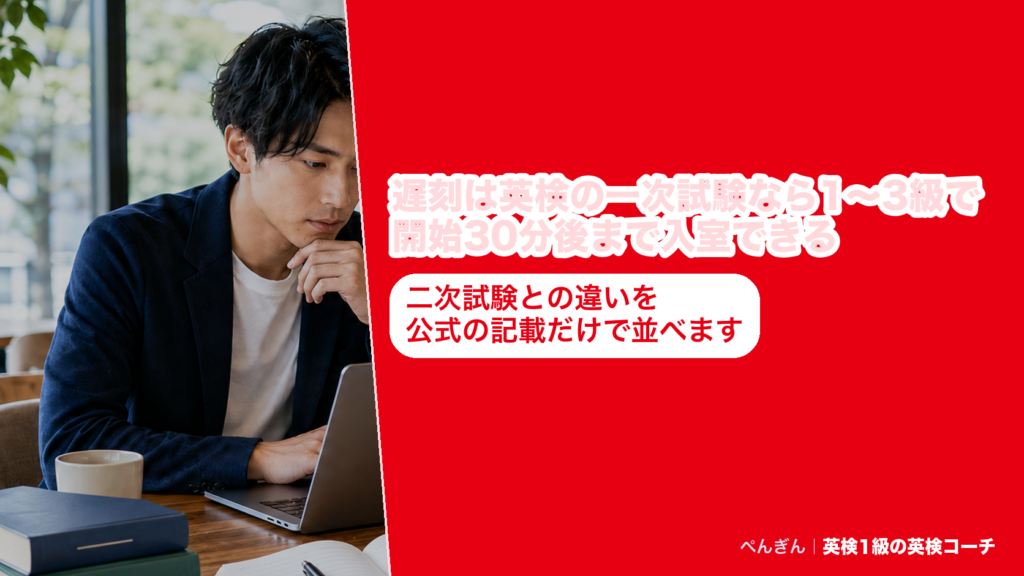 英検の一次試験と二次試験で遅刻したときに入室できる時間と、会場受付での申し出の流れをまとめたアイキャッチ