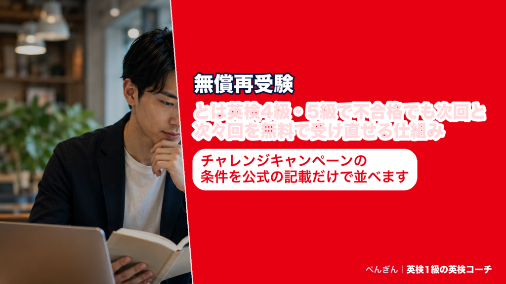 英検4級・5級チャレンジキャンペーンの無償再受験の対象と、申請と申し込みの2つの手続きをまとめたアイキャッチ